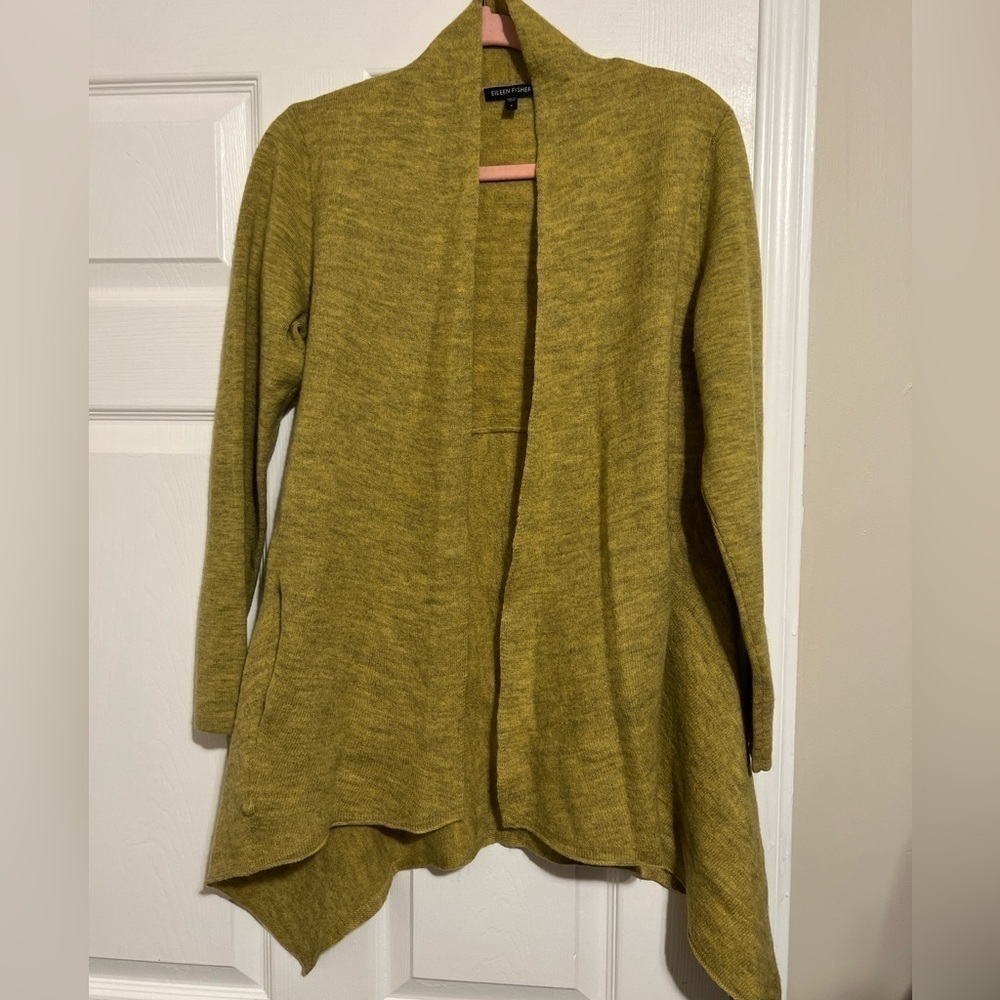 Eileen Fisher gold/chartreuse merino wool flutter cardigan size small